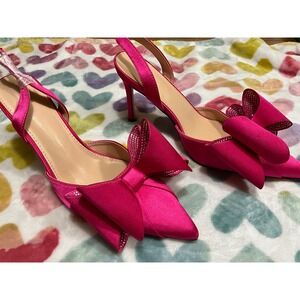 Hot Pink Satin Bow Slingback Pumps Rhinestone Accents Stiletto Heels size 9